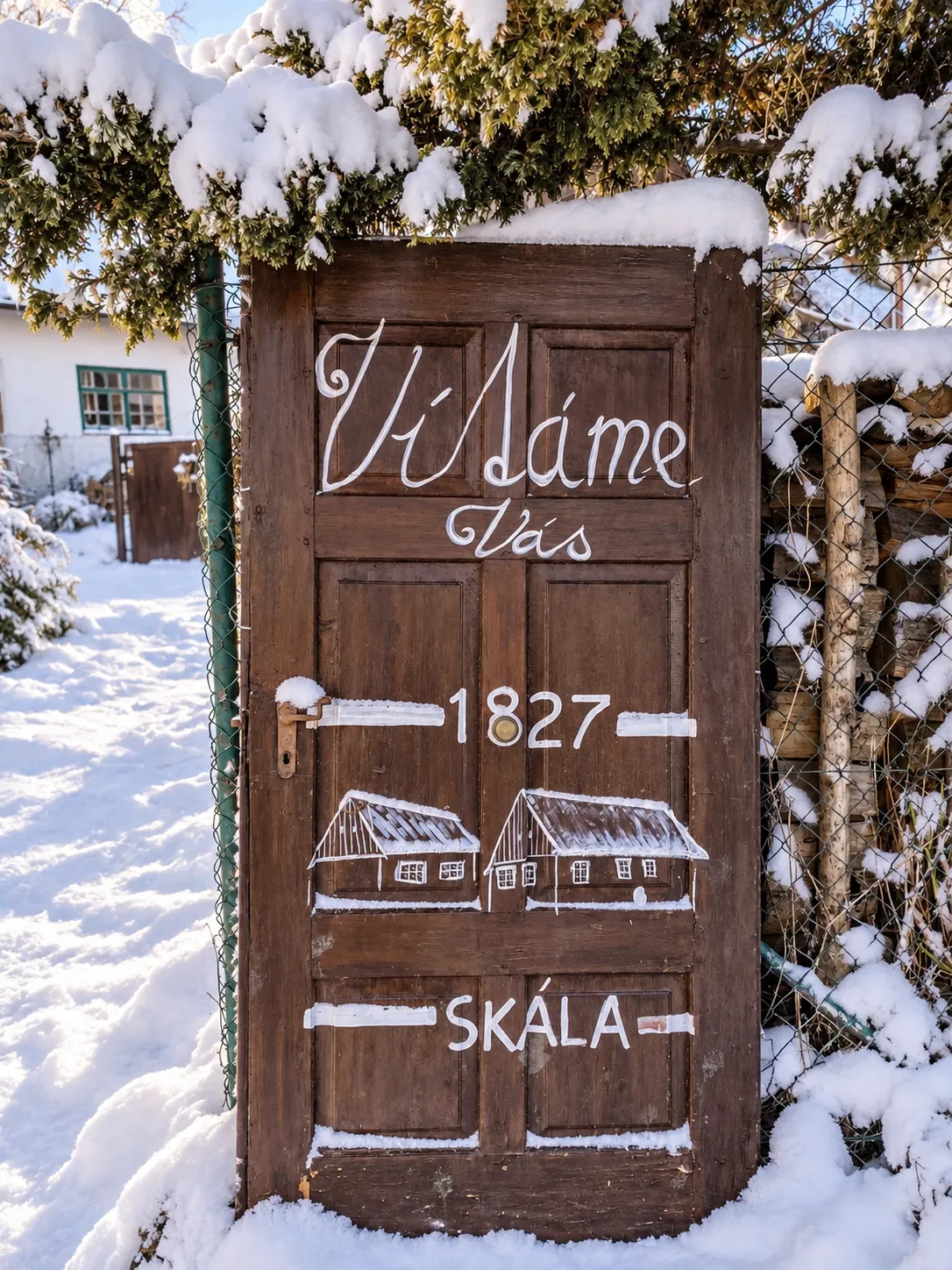 Dřevěné dveře s nápisem Vítáme vás, 1827, Skála pod zimním sněhem